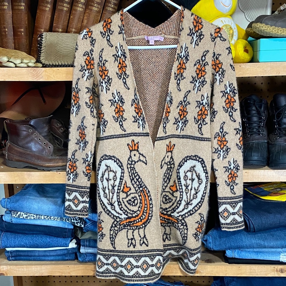 Calypso St. Barth 100% Cashmere Folk Bird Cardigan – Tan/Orange/Black – XS
